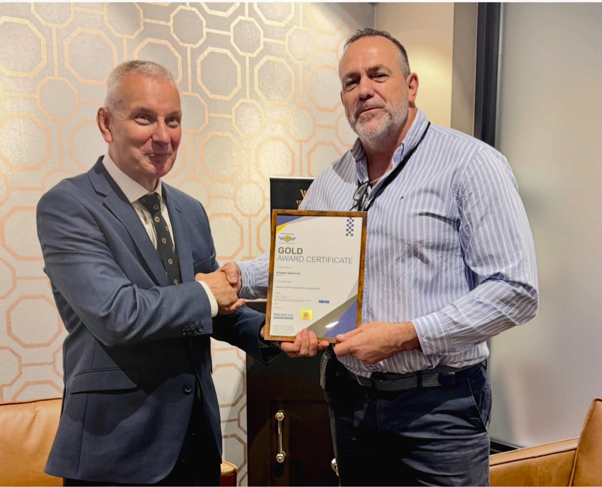 Vitessa Vault being presented with the Secured by Design Gold Award certificate